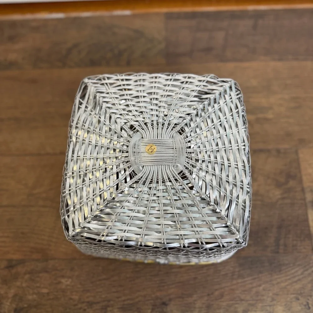 Vintage Woven Metal Wire Basket Silver Gold Trim Square Made in India 9.5 x 5 in